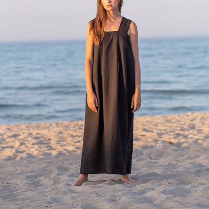 Elegant square collar sleeveless midi sundress in a flowing A-line silhouette, made of breathable cotton-linen blend fabric
