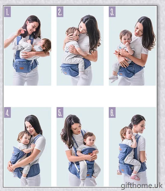 Ergonomic front-facing baby carrier with padded waist strap, lumbar support, and versatile wearing options for comfortable, secure travel with your little one.