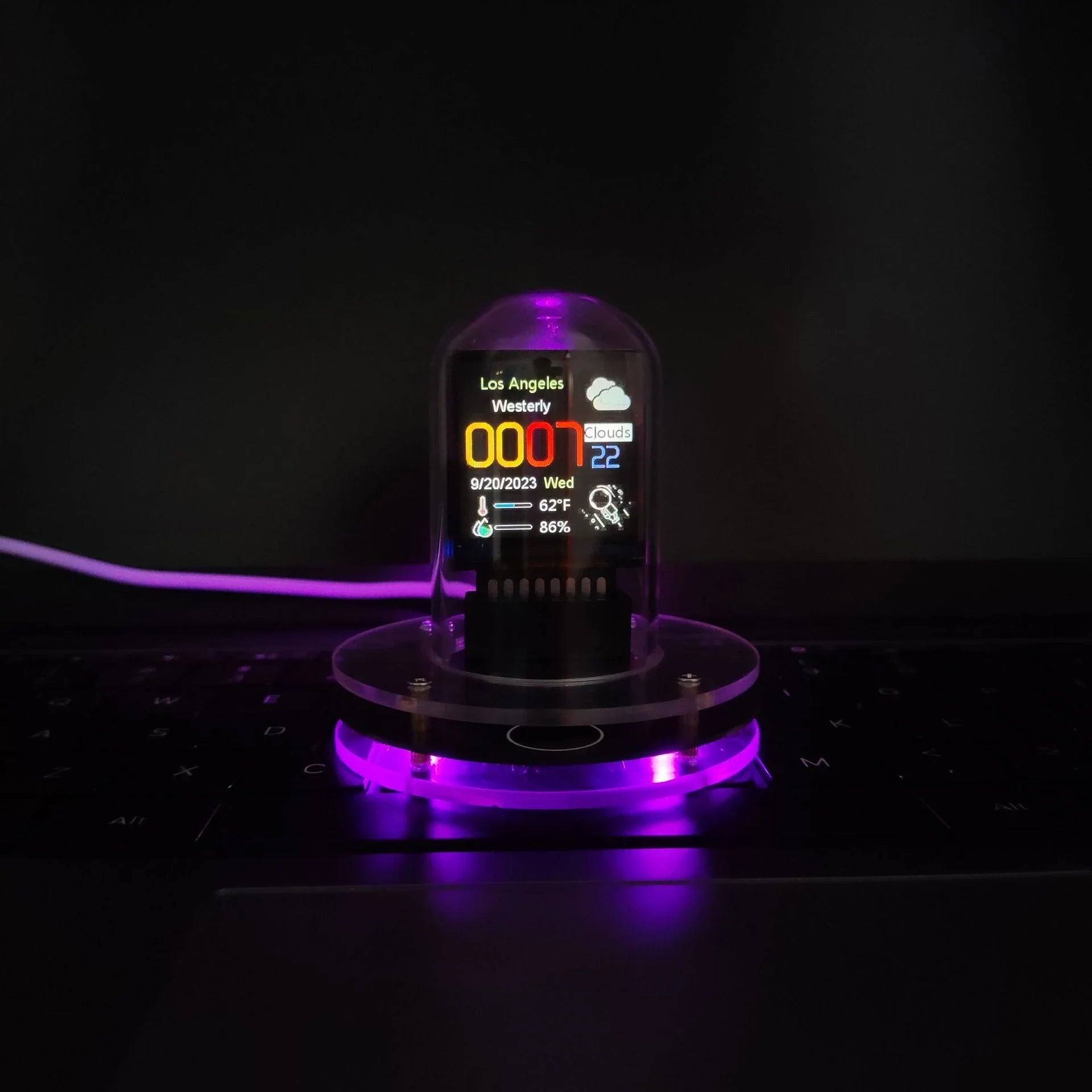 Meteorological Black and White RGB Mini TV Desktop Ornament with vibrant lighting effects and compact design