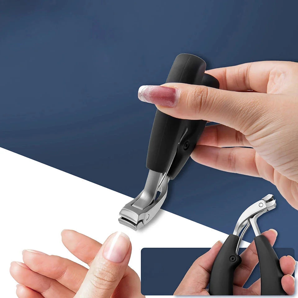 Heavy-duty curved nail clippers made of stainless steel with anti-splash storage for managing thick toenails and providing comfortable nail care for the elderly