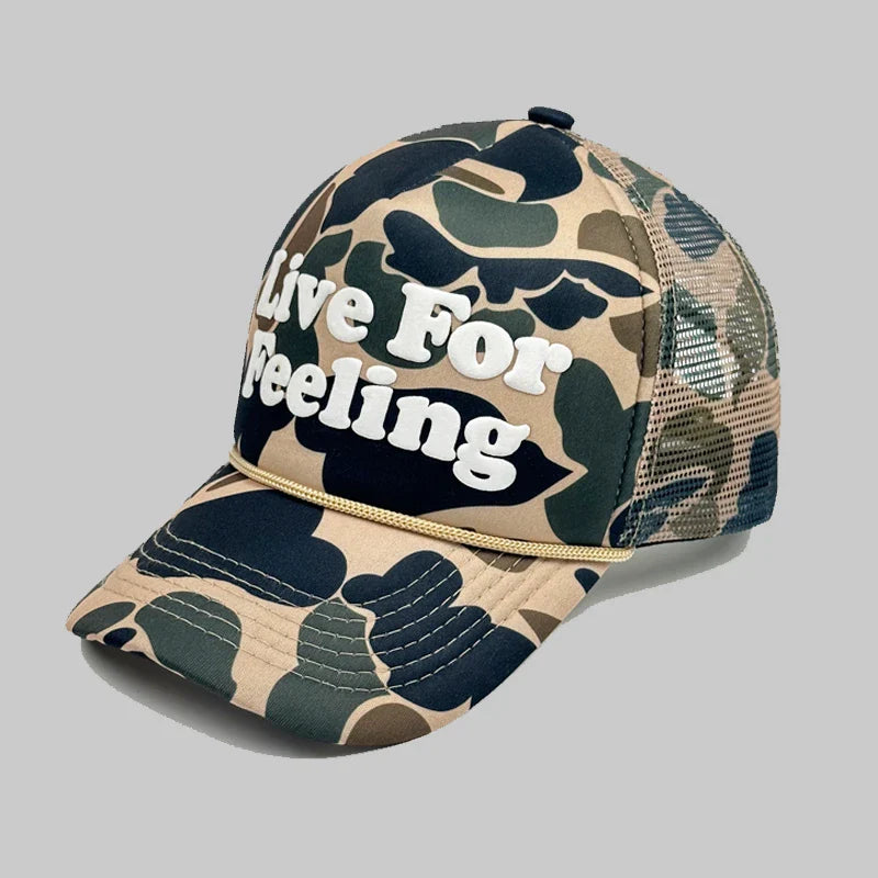 Stylish camouflage curved brim hat with embroidered lettering from Trendha