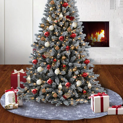 Premium grey background tree skirt with delicate white snowflake patterns, perfect for traditional British Christmas decor