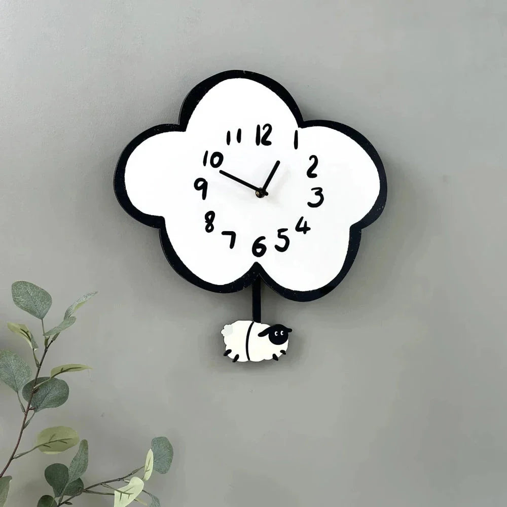 38cm Silent Cartoon Cloud Sheep Swinging Wall Clock, a charming and eco-friendly wall decor with a playful sheep design