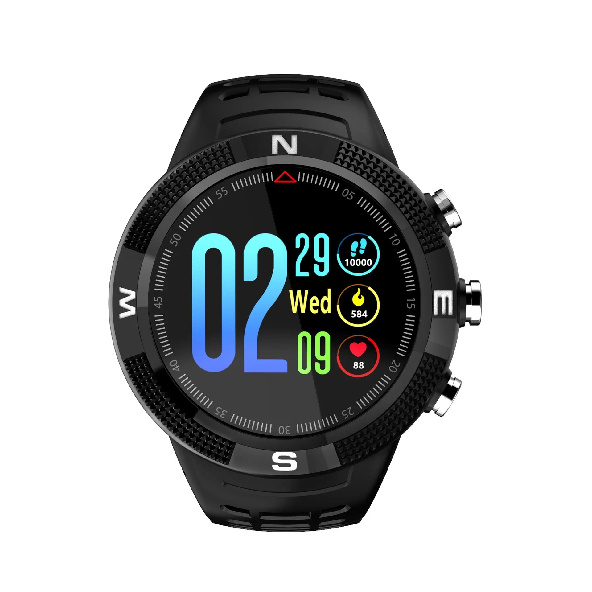 F18 Smart Watch with OLED display, silicone wristband, and comprehensive health tracking features