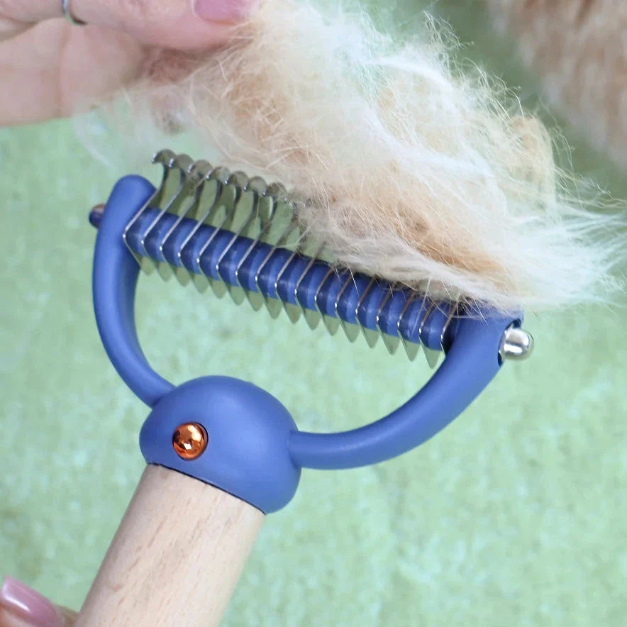Double-sided pet hair comb with stainless steel blades and ergonomic wooden handle for effective grooming
