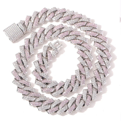 Stylish men's hip hop necklace with pink zircon stone and adjustable Cuban link chain