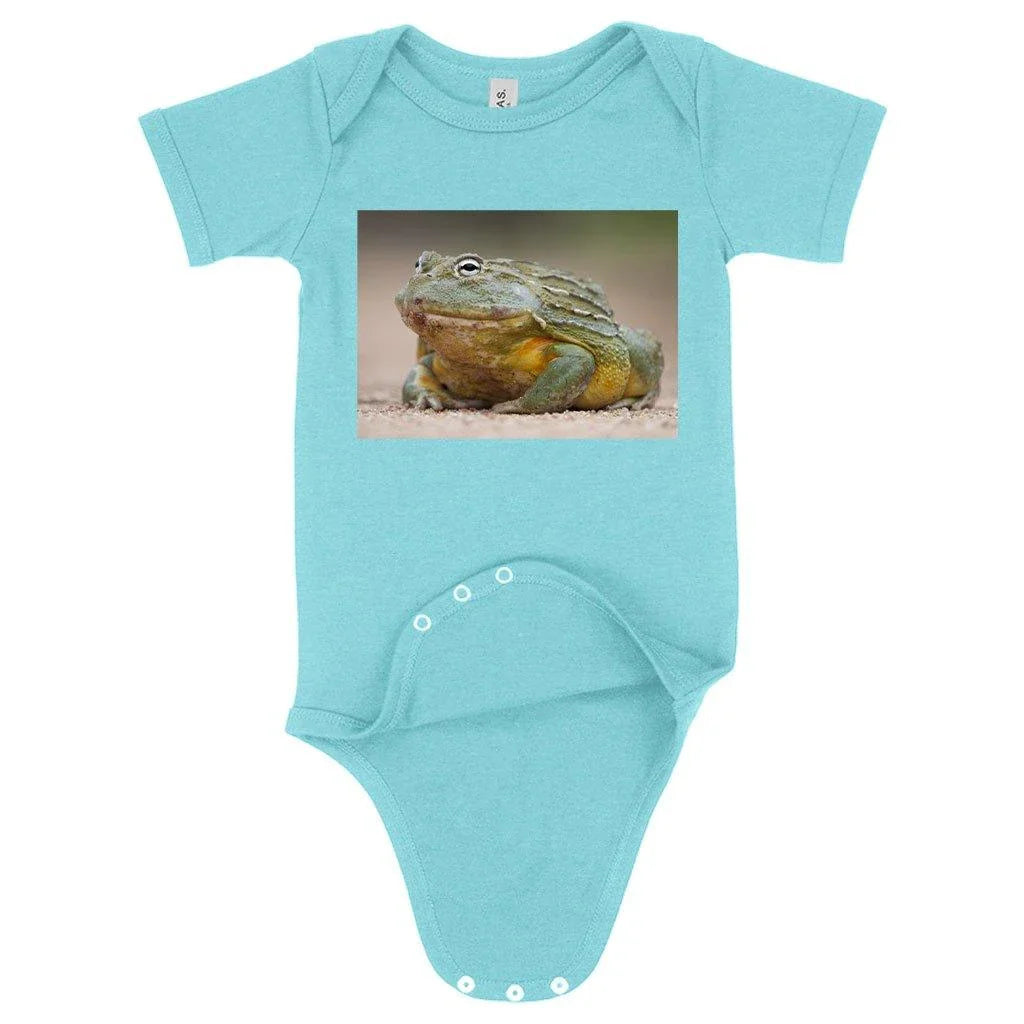 Soft and comfortable Bullfrog baby onesie made with premium Airlume cotton blends, designed for newborns to 24-month-olds