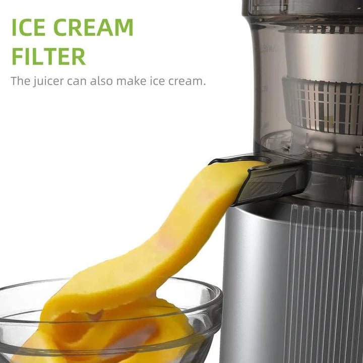 Premium cold press juicer with 200W motor, slow masticating process, and 3-inch wide feed chute for whole produce juicing