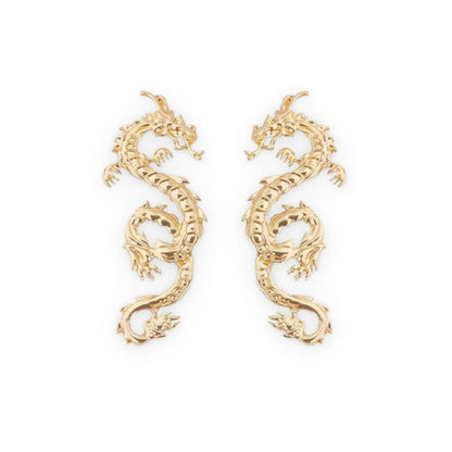 Stunning gold-coloured dragon stud earrings with intricate details, a fashionable accessory for UK customers