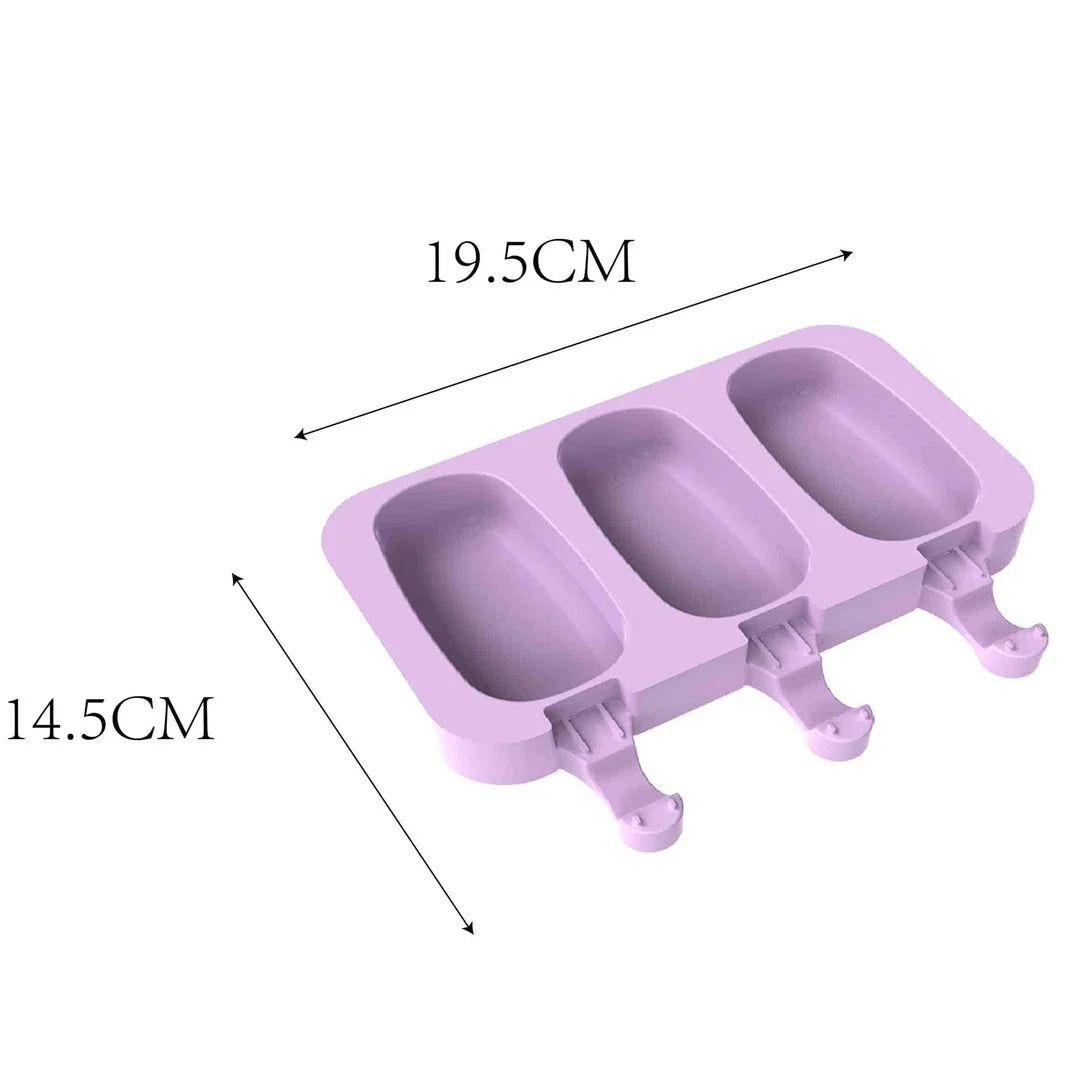 Purple silicone popsicle mould with stainless steel sticks, perfect for creating homemade frozen treats with a British flair