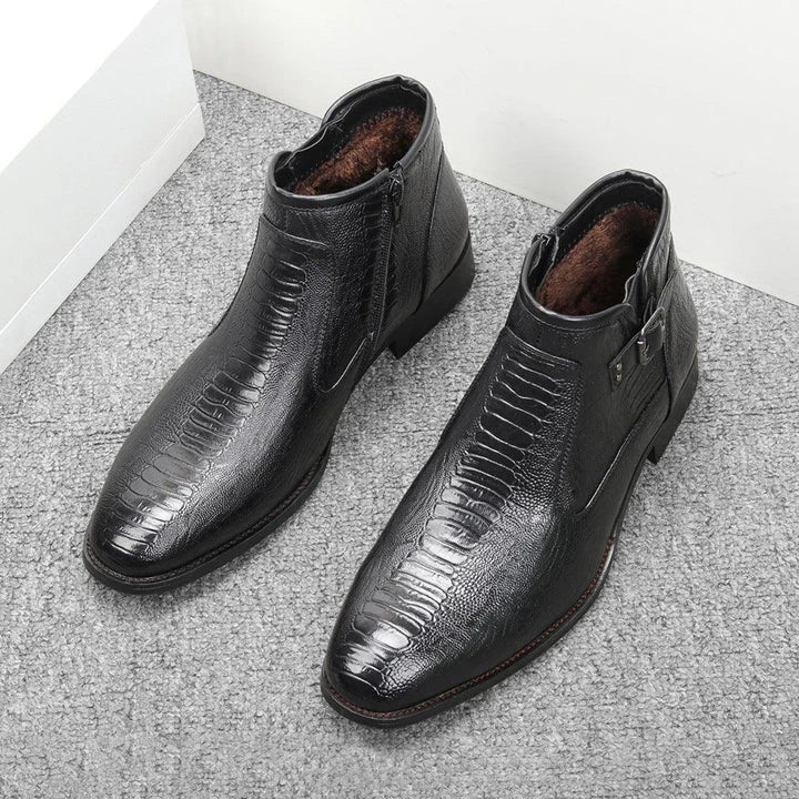 Premium men's formal Chelsea boots in brown, featuring a round toe, low wedge heel, and side zipper closure for a polished, office-ready look