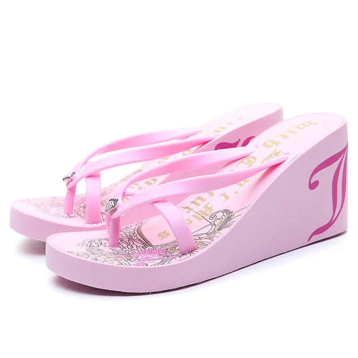 Stylish non-slip platform sandals with printed high heels in pink colour
