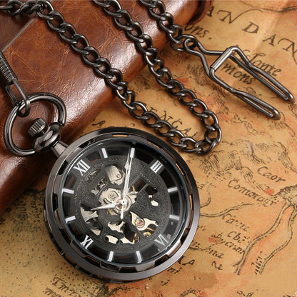 A vintage-inspired mechanical pocket watch with a skeleton display, showcasing the intricate inner workings of the timepiece.