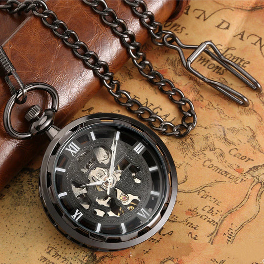 A vintage-inspired mechanical pocket watch with a skeleton display, showcasing the intricate inner workings of the timepiece.