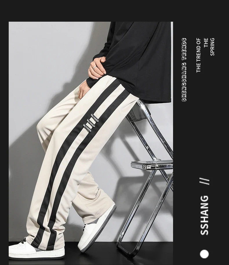Comfortable striped straight-leg casual trousers in various colours and sizes