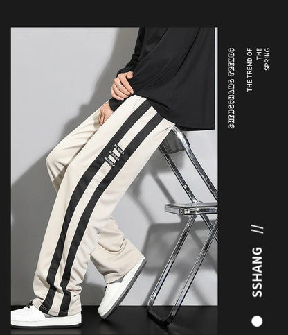 Comfortable striped straight-leg casual trousers in various colours and sizes