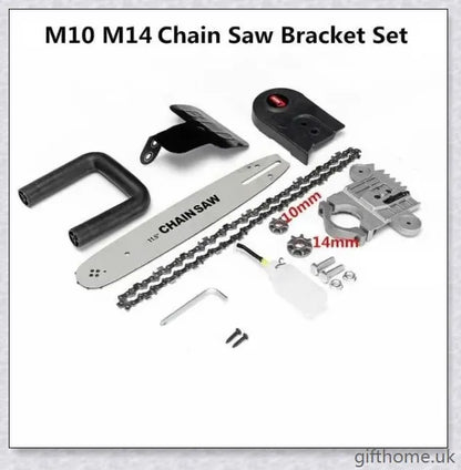 Angle grinder with attached chainsaw bracket, suitable for cutting wood, trees, and other DIY projects