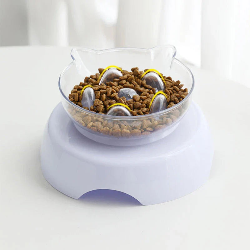 A white 15-degree inclined pet bowl with a non-slip stand, designed to provide a comfortable and healthy mealtime experience for cats and small dogs.