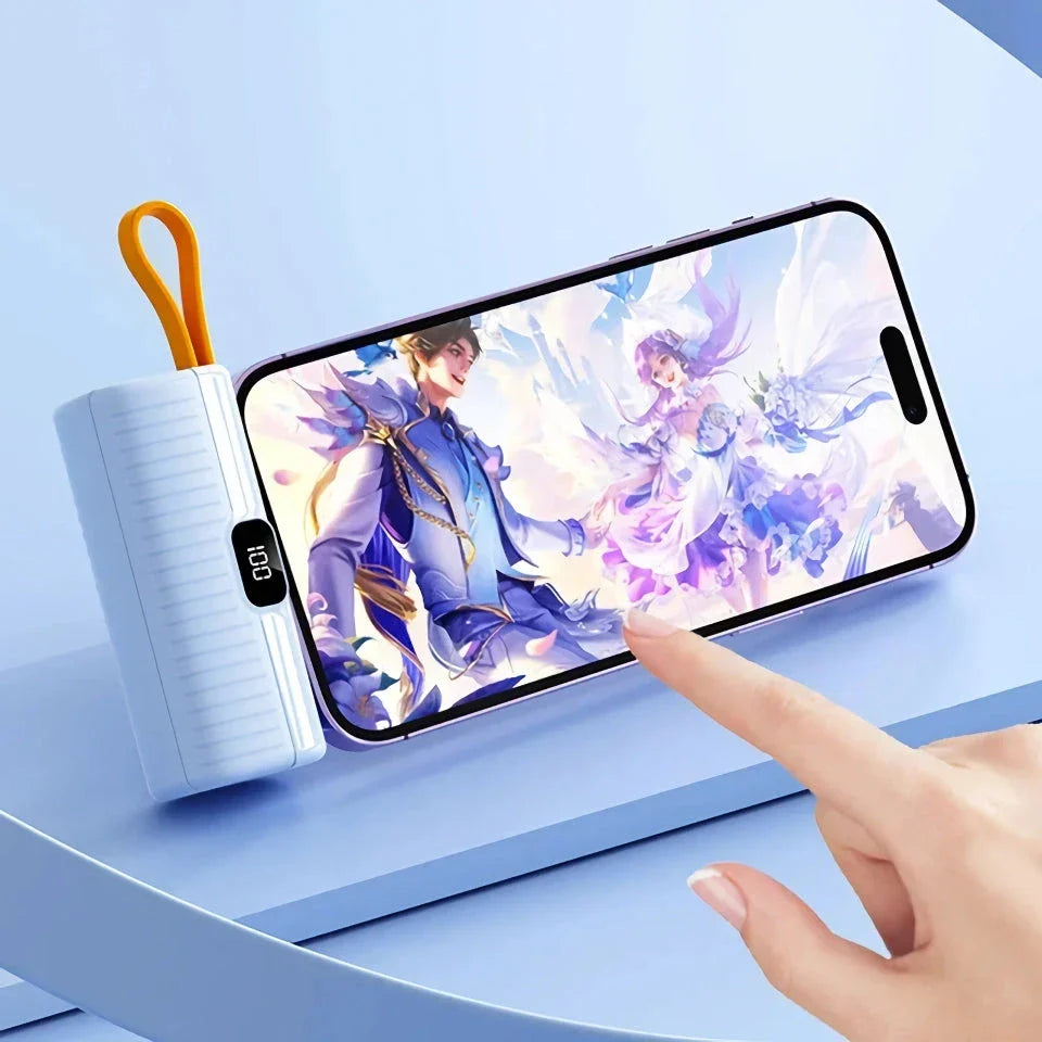 Compact, high-capacity power bank with dual charging ports and built-in cables for convenient, fast charging on the go
