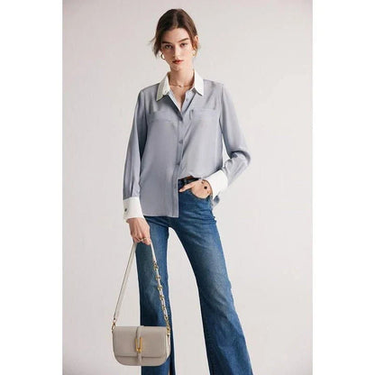 Elegant silk crepe de chine dress shirt for modern British women in slate blue colour