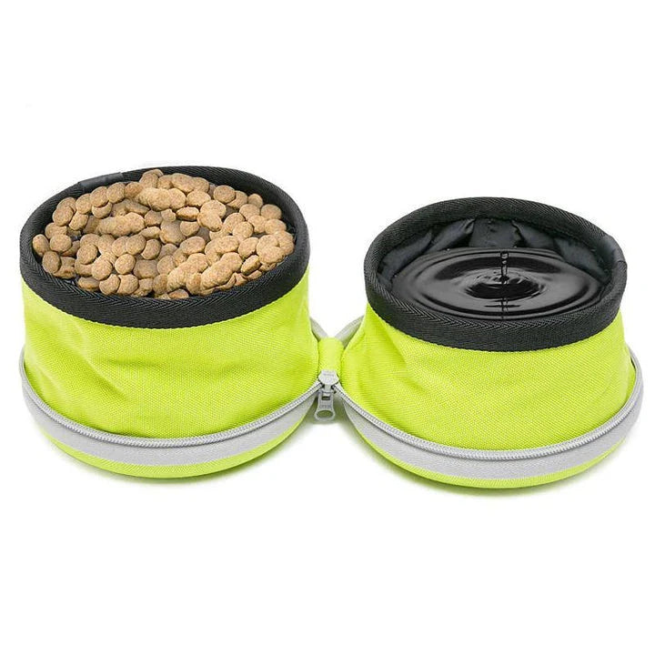 Premium collapsible dog bowl with dual compartments for food and water, made of durable 900D oxford fabric and waterproof nylon lining