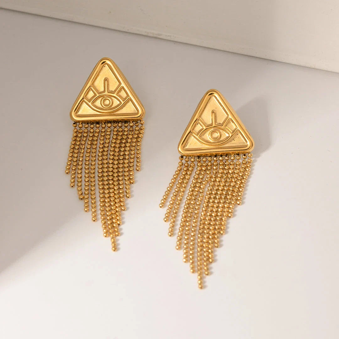 Elegant 18K gold-plated stainless steel triangle drop earrings with a captivating Devil's Eye fringe design