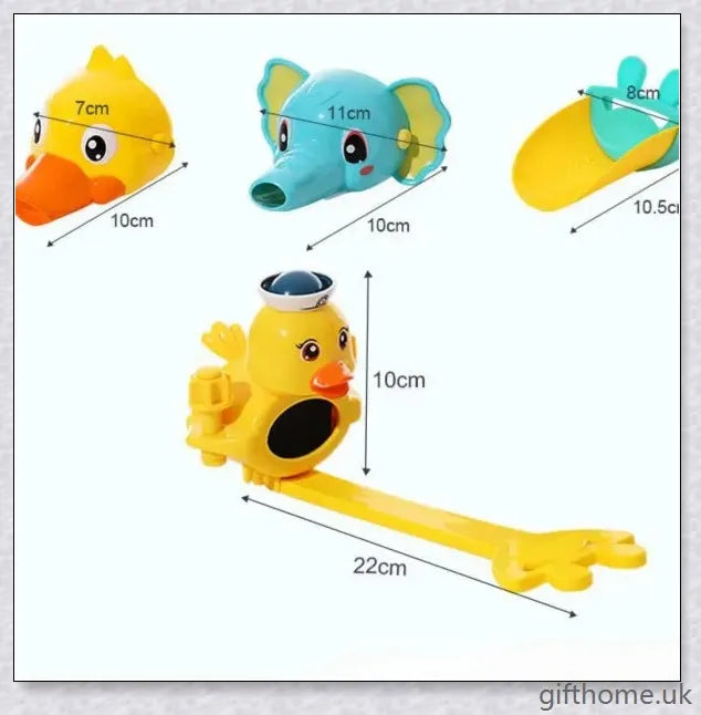 A yellow duck-shaped faucet extender that elevates a child's hand-washing experience at the sink
