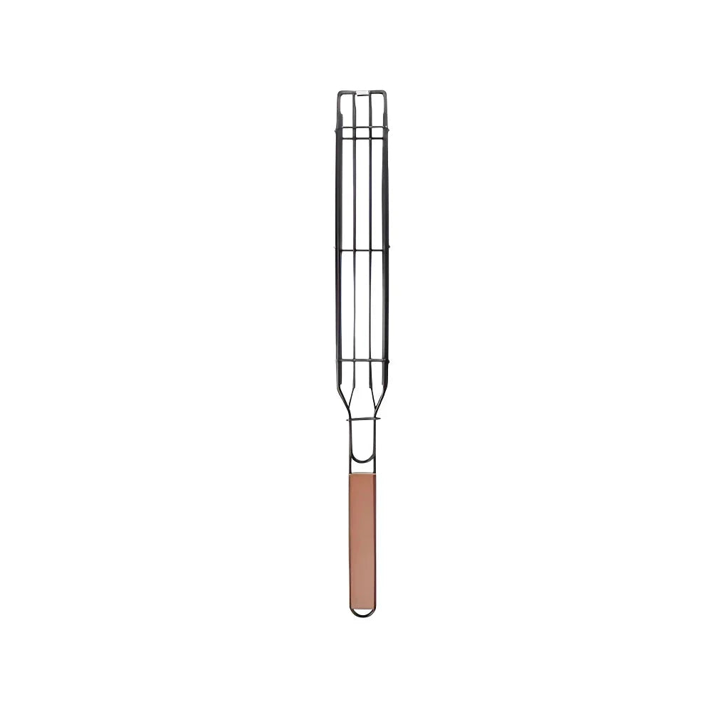 Portable nonstick BBQ grilling basket made of durable steel wire and wood, perfect for outdoor cooking and grilling