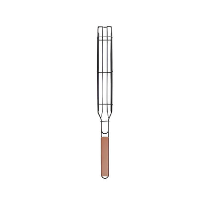 Portable nonstick BBQ grilling basket made of durable steel wire and wood, perfect for outdoor cooking and grilling