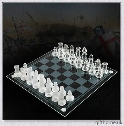 Acrylic Elegant Glass Chess Set with transparent board and frosted/clear glass pieces in small, medium and large sizes