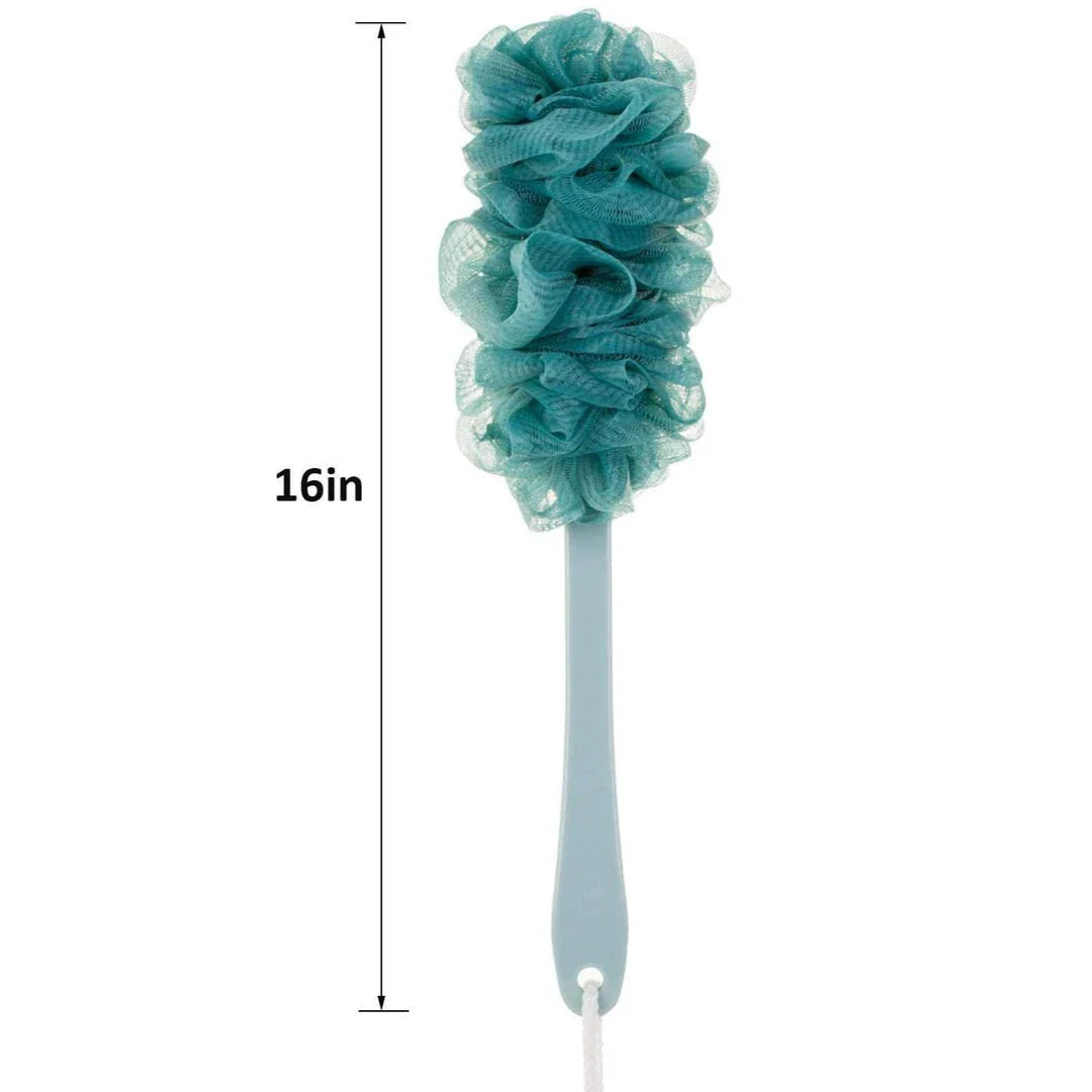Long-handled soft mesh bath and shower brush with wave-shaped design for easy reach and gentle exfoliation