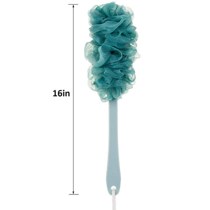 Long-handled soft mesh bath and shower brush with wave-shaped design for easy reach and gentle exfoliation