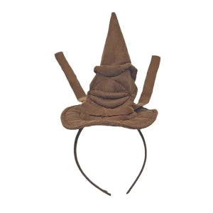 Sortband Halloween Witch Hat Headband in red, green, and brown colours with a detachable witch hat design