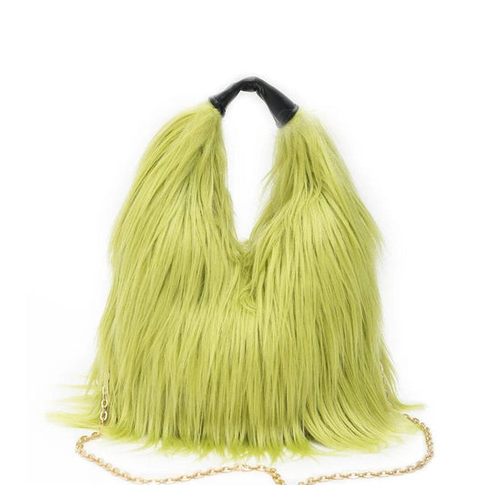 Soft, plush lime-coloured faux fur bucket bag with adjustable strap and chic chain decoration