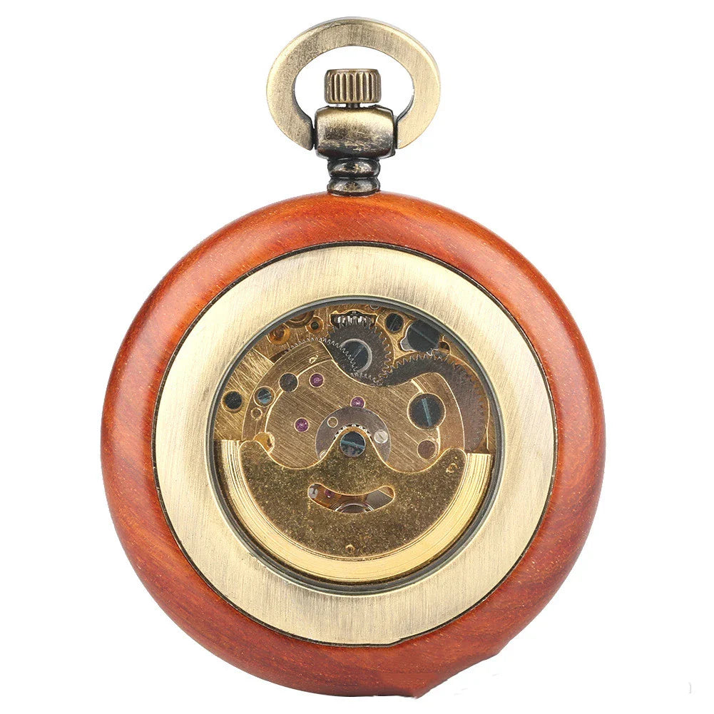 Elegant mahogany texture dial automatic mechanical wooden pocket watch with golden Roman numerals and alloy construction