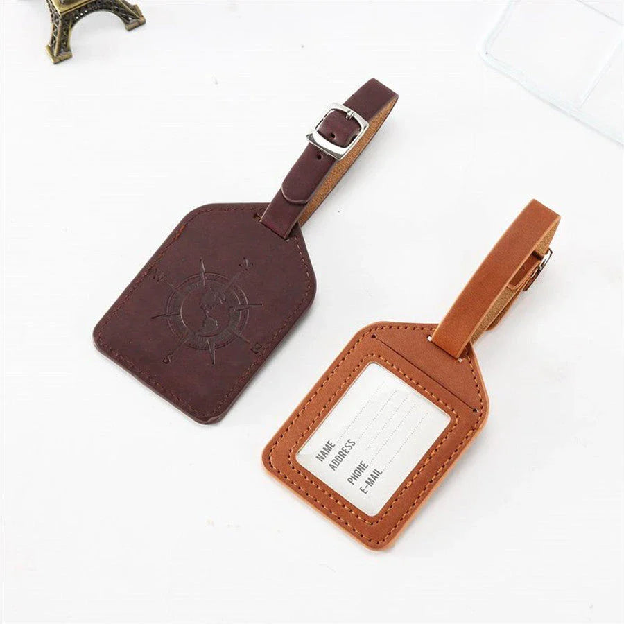 Compass Leather Luggage Tag with Geometric Pattern, Durable PU Leather, and Clear Identification Window
