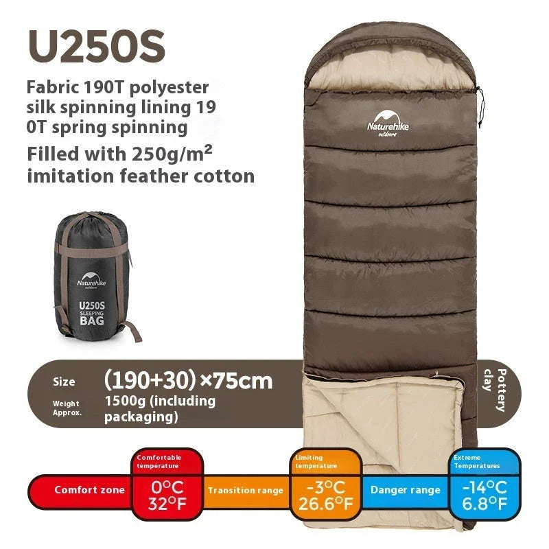Naturehike Luxury Down-filled Sleeping Bag for Outdoor Camping in Hollow Cotton/Clay Gray, Hollow Cotton/Moxa Leaf Green, and Down Cotton/Sky Blue colours