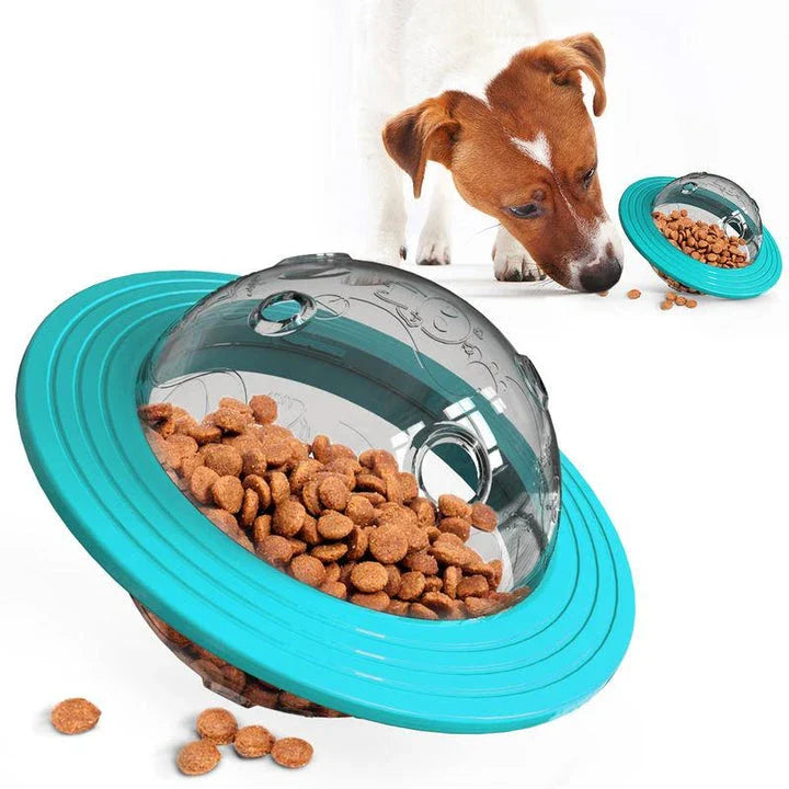 Dog playing with the interactive Dog Planet Treat Toy, a durable and engaging puzzle toy that stimulates a dog's cognitive abilities.