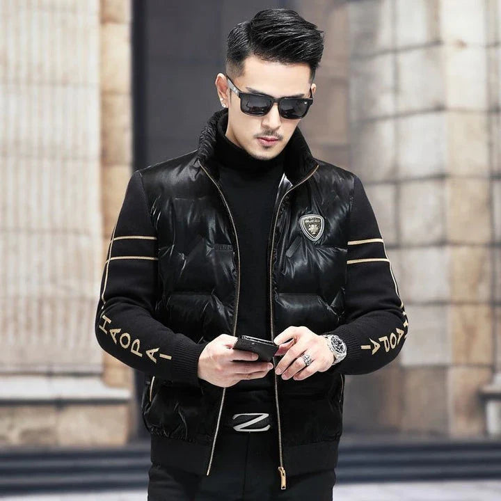 Warm and weatherproof men's down jacket with stand collar and knitted sleeves, made from premium polyester fibre and filled with luxurious duck down