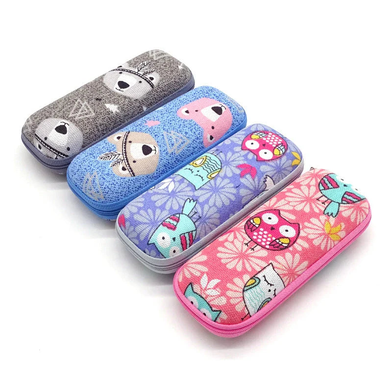 Cartoon-themed zippered eyeglass case in pink colour, featuring a playful and protective design for children's eyewear