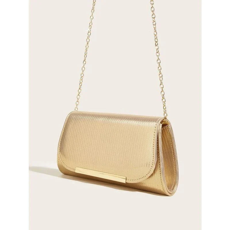 Elegant shiny striped PU leather evening clutch bag with long chain, perfect for formal events and everyday use