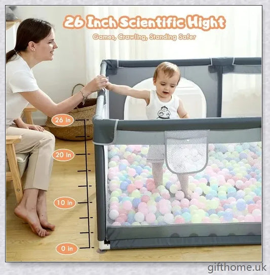 A large, breathable playpen with mesh sides for indoor and outdoor use, providing a safe and comfortable space for babies to play.
