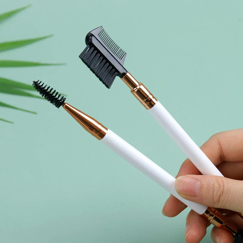 Premium dual-ended eyebrow and eyelash grooming brush with wooden handle and nylon bristles