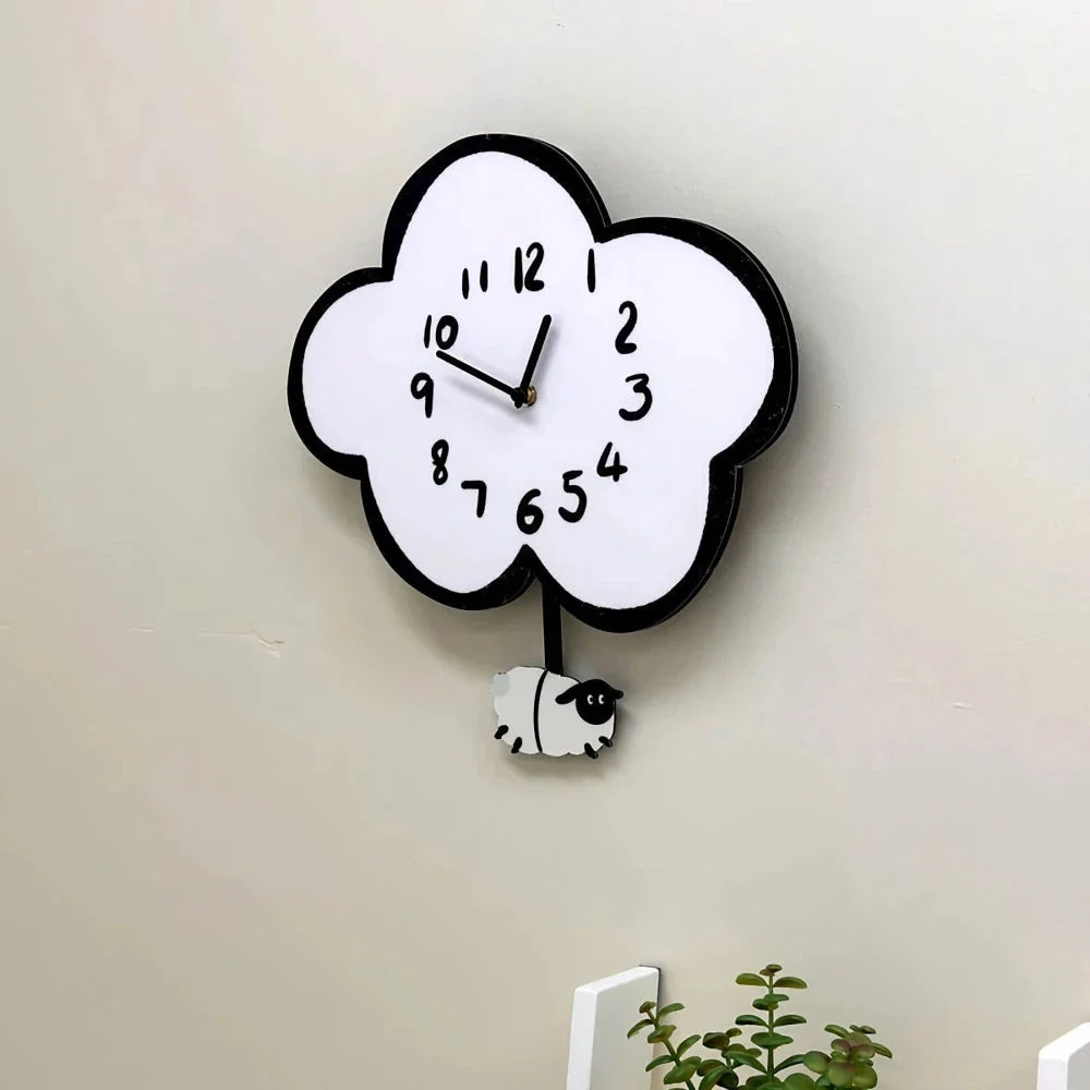 38cm Silent Cartoon Cloud Sheep Swinging Wall Clock, a charming and eco-friendly wall decor with a playful sheep design