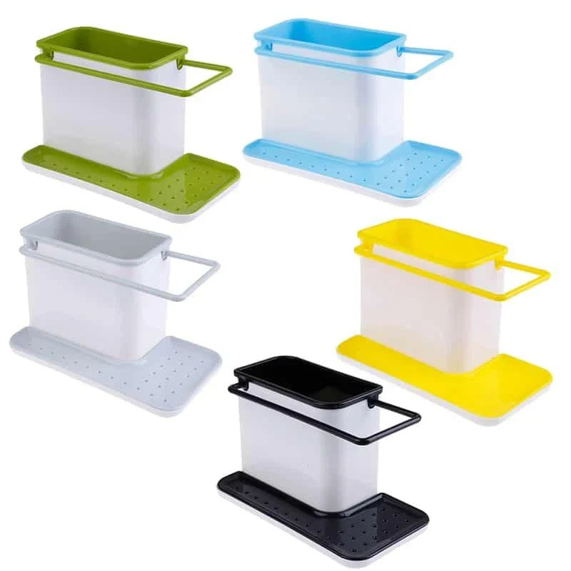 A premium multifunctional kitchen organiser with storage compartments, a towel rail, and a drip tray for keeping your sink area tidy and organised.