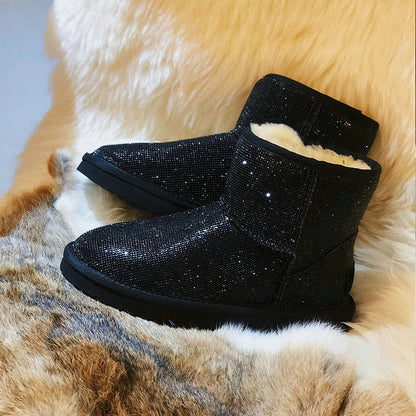 Premium rhinestone-embellished ankle boots for women, featuring a shimmering upper and durable rubber sole for winter wear