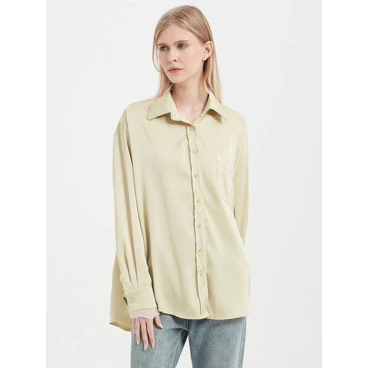 Elegant satin silk long sleeve blouse in black, white, and yellow colours