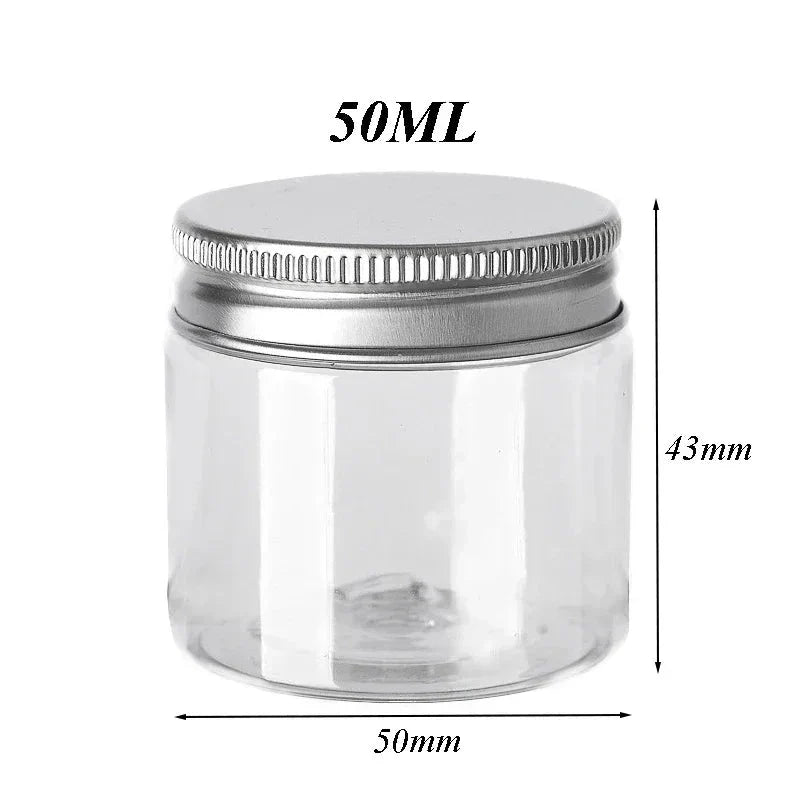 Premium 10-piece set of clear plastic storage jars with aluminium lids for organising cosmetics, food, and household items