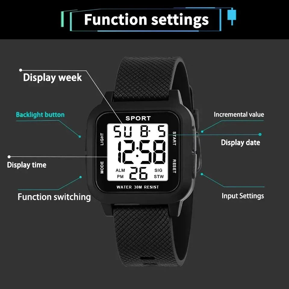 Rugged LED military sports watch with shock-resistant rubber case and tough TPU band, designed for adventurous men in the UK