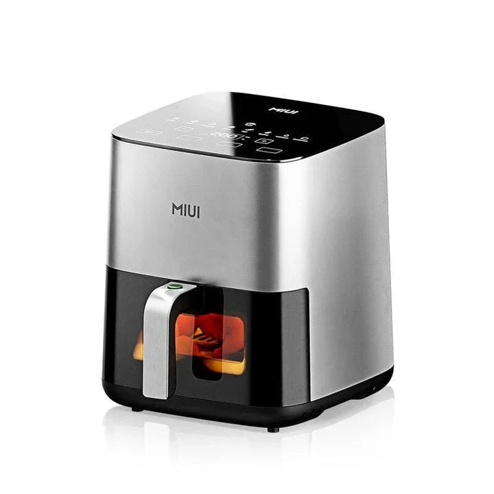 A powerful, family-sized air fryer with a touchscreen control panel and a transparent window for monitoring cooking progress.